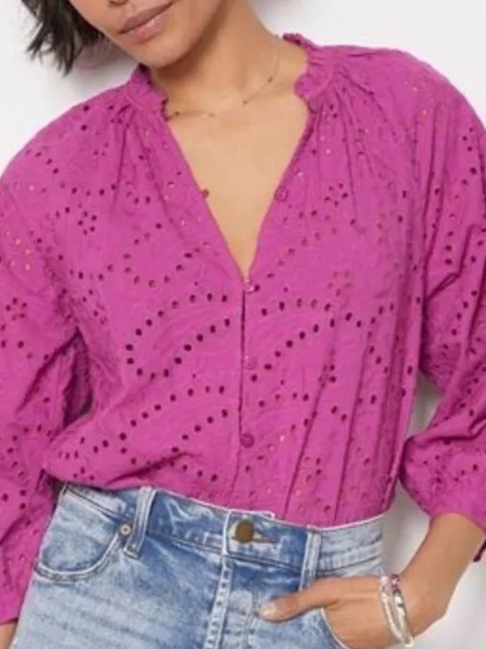 Evereve Eyelet Button-Front Blouse in Magenta